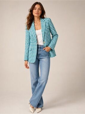 New Zara  Blue Gingham Check Blazer Jacket Tailored Spring Statement Piece